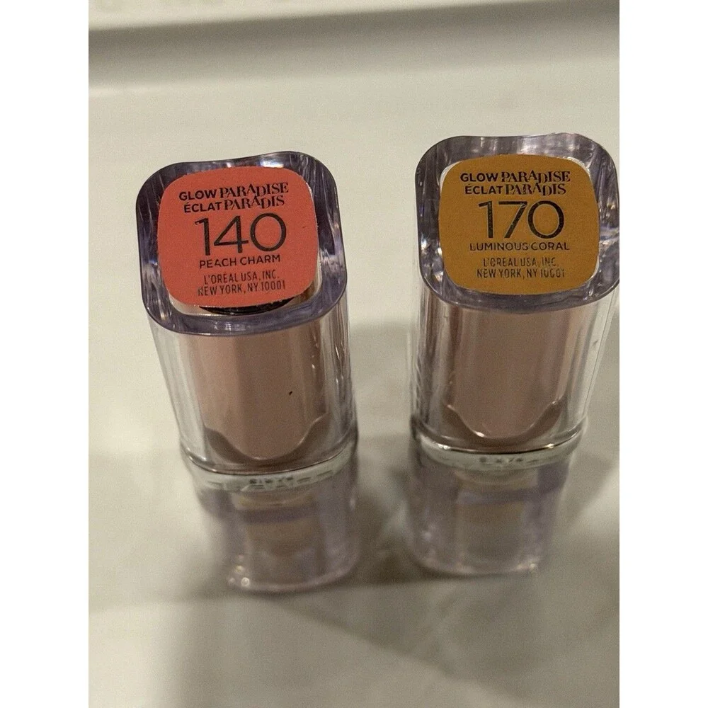 Pack Of 2 New Loreal Glow Paradise Lipstick 140 PEACH CHARM & 170 LUMINOUS CORAL